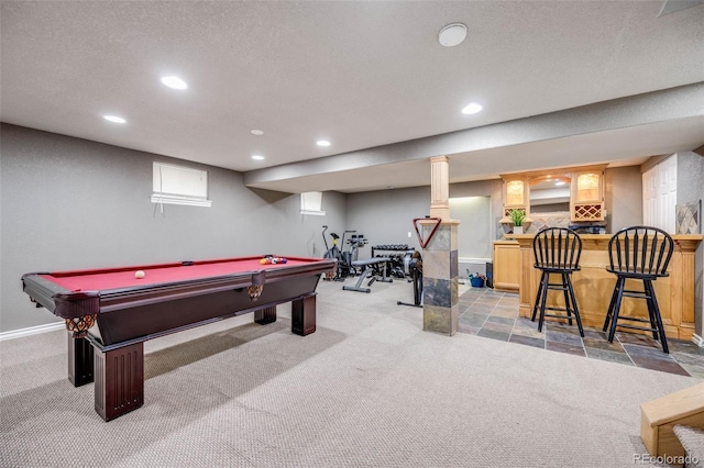 3889 S Fraser St, Aurora, CO 80014 - game room featuring light carpet, recessed lighting, billiards table, bar, and baseboards
