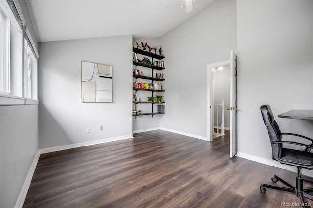 3889 S Fraser St, Aurora, CO 80014 - unfurnished office with lofted ceiling, dark wood finished floors, and ceiling fan