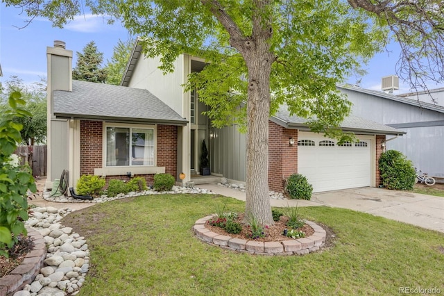 3889 S Fraser St, Aurora, CO 80014 - view of front of home featuring brick siding, an attached garage, a chimney, concrete driveway, and a shingled roof
