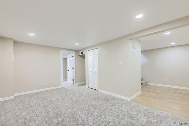 1750 S Zuni St, Denver, CO 80223 - finished below grade area featuring stairway, recessed lighting, and light colored carpet