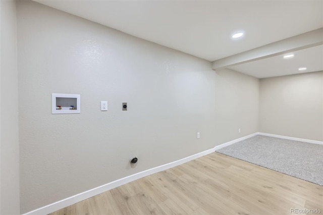 1750 S Zuni St, Denver, CO 80223 - laundry area with electric dryer hookup, hookup for a washing machine, light wood-style floors, and recessed lighting