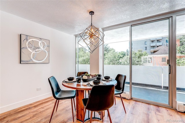 1250 N Humboldt St Unit 202, Denver, CO 80218 - dining space with light wood finished floors, a textured ceiling, a baseboard heating unit, and floor to ceiling windows