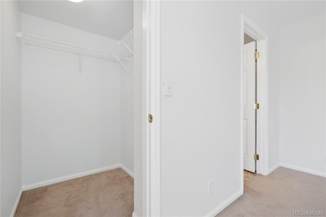 walk in closet with light carpet