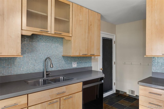 2672 S Magnolia St, Denver, CO 80224 - kitchen featuring light brown cabinets, dishwashing machine, backsplash, glass insert cabinets, and dark countertops
