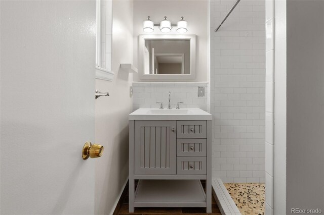 2672 S Magnolia St, Denver, CO 80224 - bathroom featuring tiled shower, vanity, and tasteful backsplash