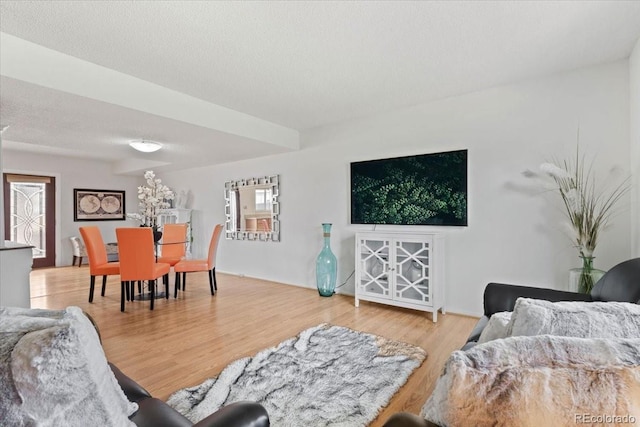 living room with a textured ceiling and wood finished floors