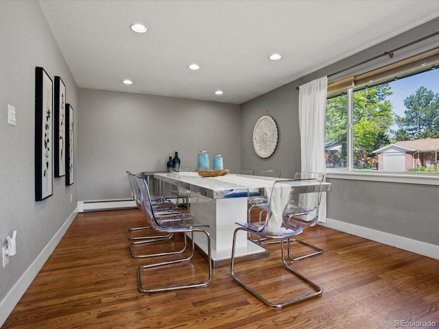 6943 Oak Way, Arvada, CO 80004 - bar with a baseboard radiator, recessed lighting, and dark wood-type flooring