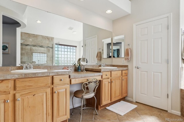 1022 Orion Way, Castle Rock, CO 80108 - full bath with a stall shower, double vanity, tile patterned floors, and recessed lighting