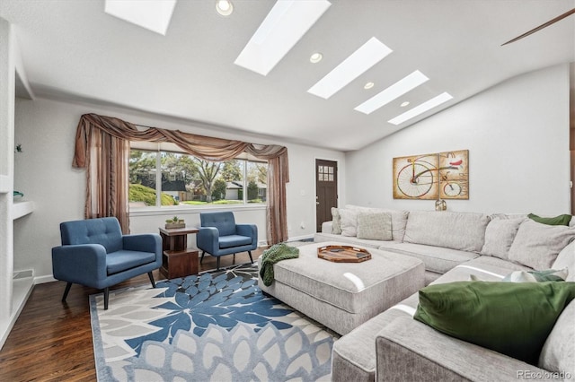 living room featuring lofted ceiling and dark wood-type flooring