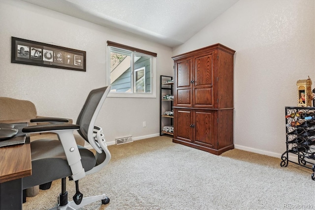 office space with light colored carpet, a textured ceiling, and vaulted ceiling