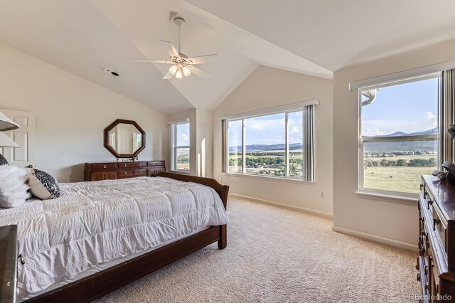 8915 S Field Ct, Littleton, CO 80128 - bedroom featuring vaulted ceiling, light colored carpet, multiple windows, and baseboards