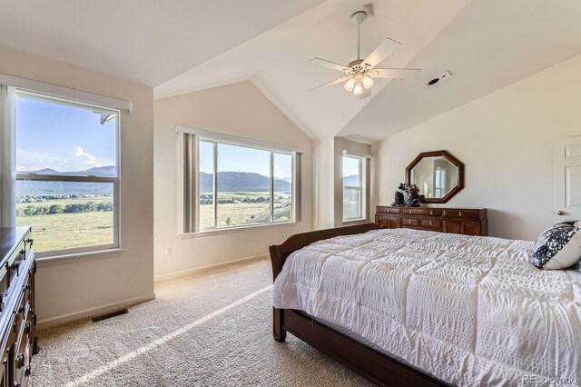 8915 S Field Ct, Littleton, CO 80128 - bedroom with lofted ceiling, multiple windows, carpet flooring, ceiling fan, and a mountain view