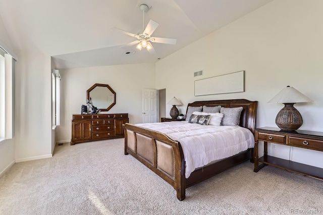 8915 S Field Ct, Littleton, CO 80128 - bedroom with light colored carpet, a ceiling fan, baseboards, and high vaulted ceiling