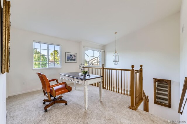 8915 S Field Ct, Littleton, CO 80128 - carpeted home office with baseboards and lofted ceiling