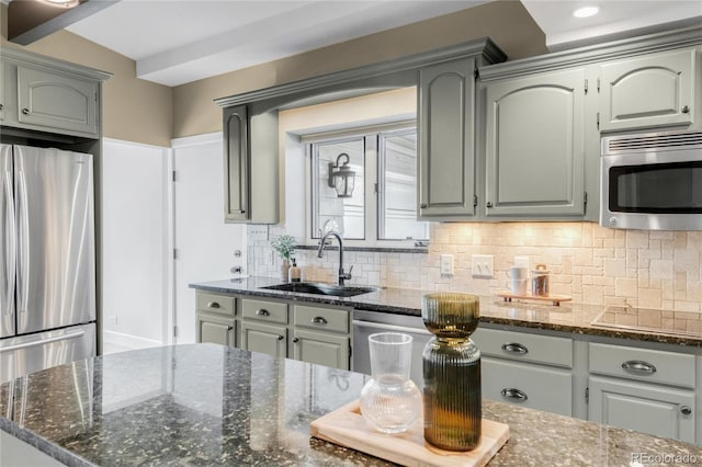 41 Skyline Dr, Wheat Ridge, CO 80215 - kitchen with stainless steel appliances, backsplash, dark stone countertops, and gray cabinetry