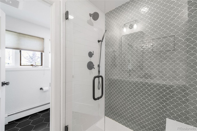 41 Skyline Dr, Wheat Ridge, CO 80215 - full bath featuring a baseboard radiator, a stall shower, and tile patterned floors