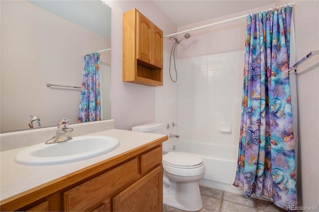 full bathroom with toilet, shower / bathtub combination with curtain, and vanity