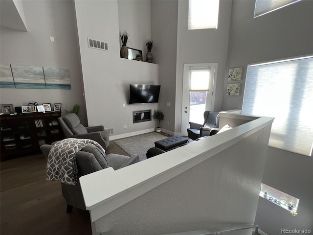 living room featuring a high ceiling and hardwood / wood-style floors