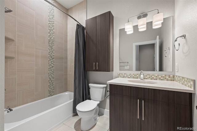 full bathroom featuring tile patterned flooring, toilet, vanity, backsplash, and shower / bathtub combination with curtain