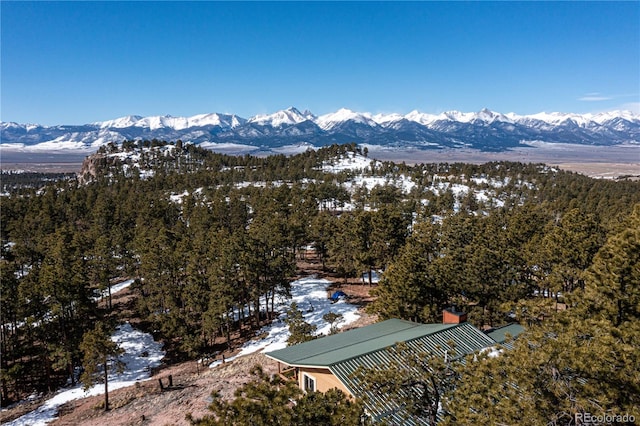 snowy aerial view with a mountain view