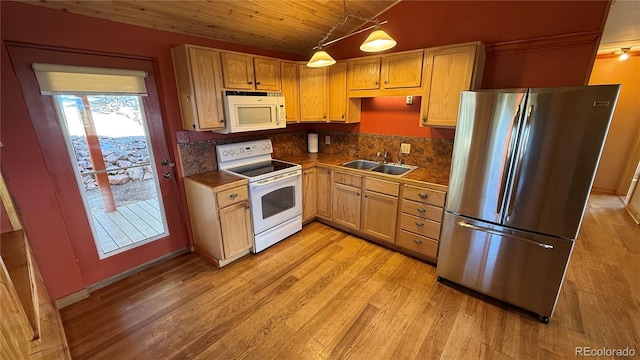 kitchen featuring sink, wooden ceiling, white appliances, and light wood-type flooring