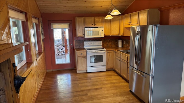 kitchen with white appliances, hanging light fixtures, vaulted ceiling, light hardwood / wood-style floors, and wood ceiling