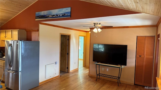 kitchen featuring stainless steel fridge, light hardwood / wood-style flooring, wooden ceiling, and vaulted ceiling