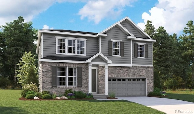 view of front of property featuring an attached garage, driveway, brick siding, and a front yard