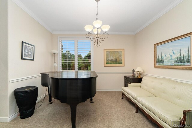 3806 S Dawson St, Aurora, CO 80014 - living area with a chandelier, crown molding, carpet floors, and baseboards