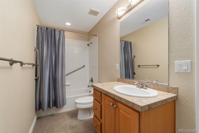 3806 S Dawson St, Aurora, CO 80014 - bathroom featuring vanity, toilet, shower / bath combination with curtain, and a textured wall