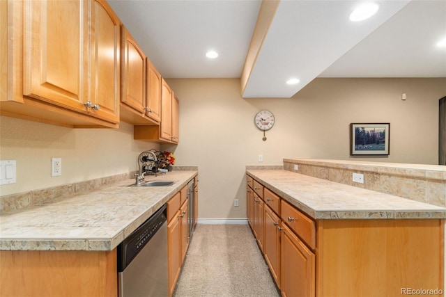 3806 S Dawson St, Aurora, CO 80014 - kitchen featuring dishwasher, a sink, a peninsula, baseboards, and recessed lighting