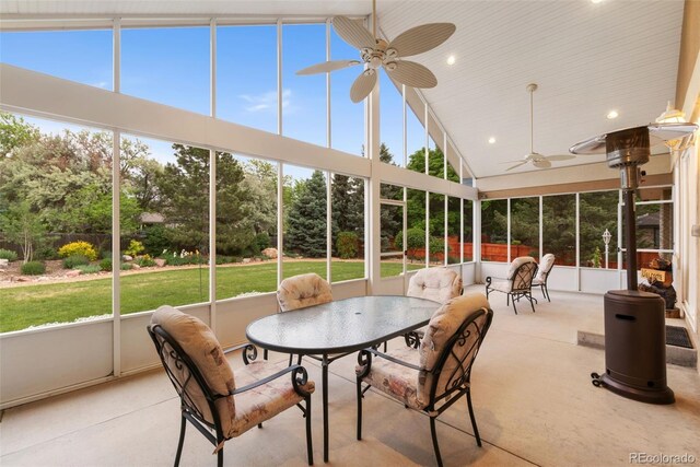 3806 S Dawson St, Aurora, CO 80014 - sunroom with a ceiling fan, outdoor dining area, healthy amount of natural light, and lofted ceiling