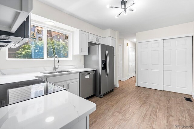 1519 S Sable Blvd Unit C, Aurora, CO 80012 - kitchen with stainless steel appliances, a sink, white cabinetry, light countertops, and light wood finished floors