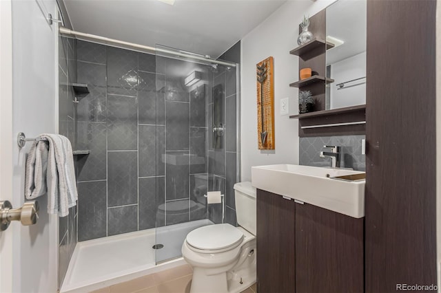 1121 Albion St Unit 809, Denver, CO 80220 - full bathroom with toilet, a shower stall, vanity, and backsplash