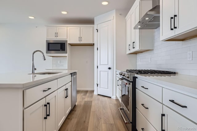 kitchen featuring sink, wall chimney range hood, light hardwood / wood-style flooring, white cabinets, and appliances with stainless steel finishes