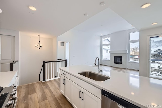 kitchen with sink, light hardwood / wood-style flooring, pendant lighting, white cabinets, and appliances with stainless steel finishes