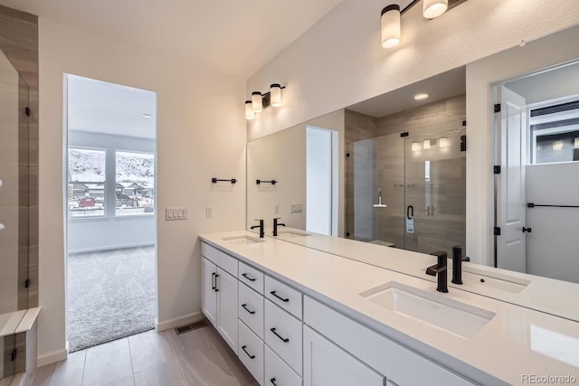 bathroom featuring vanity and an enclosed shower