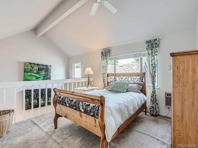 carpeted bedroom with lofted ceiling with beams and ceiling fan