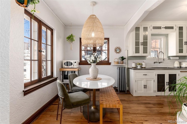 dining space with hardwood / wood-style floors, ornamental molding, sink, and radiator heating unit