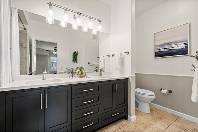 bathroom featuring tile patterned floors, vanity, ceiling fan, and toilet