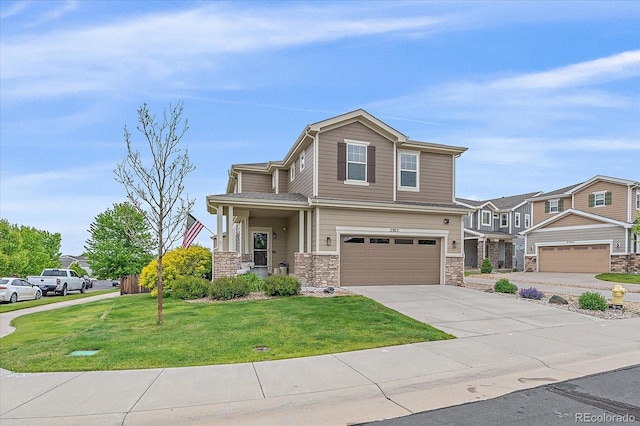 23831 Eagle Bend Ln, Parker, CO 80138 - view of front of home with a garage, driveway, a front lawn, and stone siding