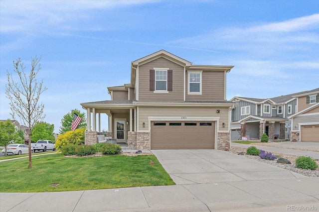 23831 Eagle Bend Ln, Parker, CO 80138 - view of front of house with a garage, concrete driveway, stone siding, and a front lawn