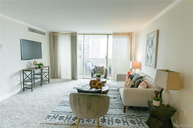 1020 15th St Unit 29L, Denver, CO 80202 - carpeted living area with ornamental molding, floor to ceiling windows, and baseboards