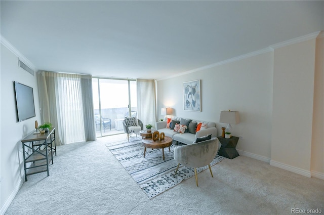 1020 15th St Unit 29L, Denver, CO 80202 - living area with carpet, ornamental molding, baseboards, and a wall of windows
