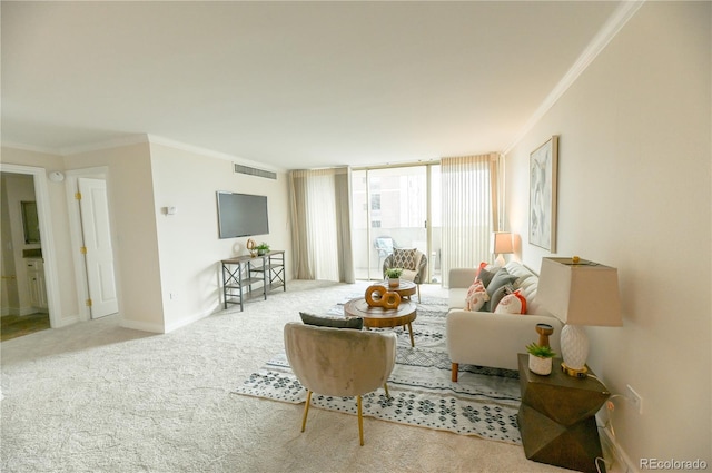 1020 15th St Unit 29L, Denver, CO 80202 - carpeted living area with crown molding and baseboards