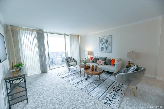 1020 15th St Unit 29L, Denver, CO 80202 - carpeted living room featuring crown molding, floor to ceiling windows, and baseboards
