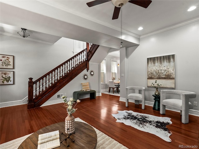 437 S Grant St, Denver, CO 80209 - living area featuring stairs, ornamental molding, wood finished floors, a ceiling fan, and recessed lighting