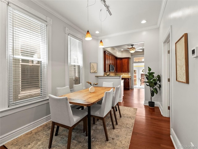 437 S Grant St, Denver, CO 80209 - dining area featuring dark wood-style floors, crown molding, recessed lighting, and ceiling fan