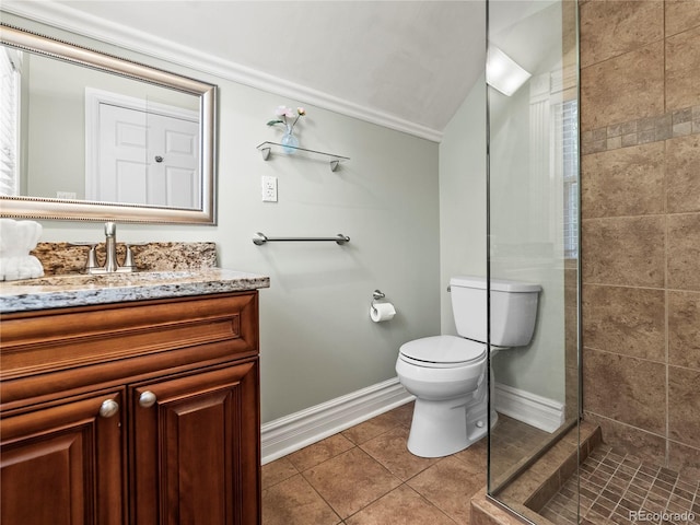437 S Grant St, Denver, CO 80209 - bathroom featuring a shower stall, vanity, tile patterned flooring, and vaulted ceiling