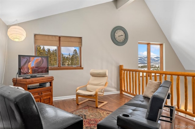 living room with baseboards, wood finished floors, and vaulted ceiling